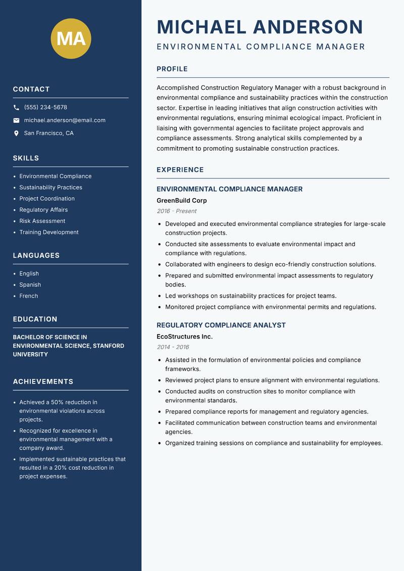 Construction Regulatory Manager resume sample — Environmental Compliance Manager focus