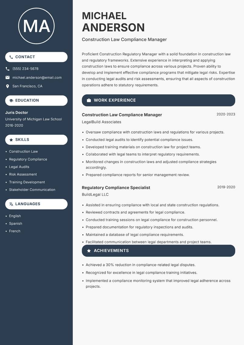 Construction Regulatory Manager resume sample — Construction Law Compliance Manager focus
