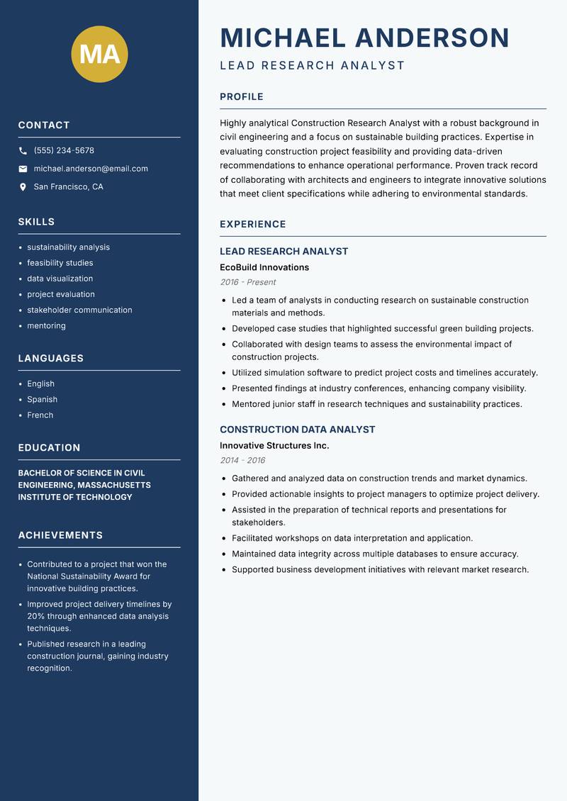 Construction Research Analyst resume sample — Lead Research Analyst focus