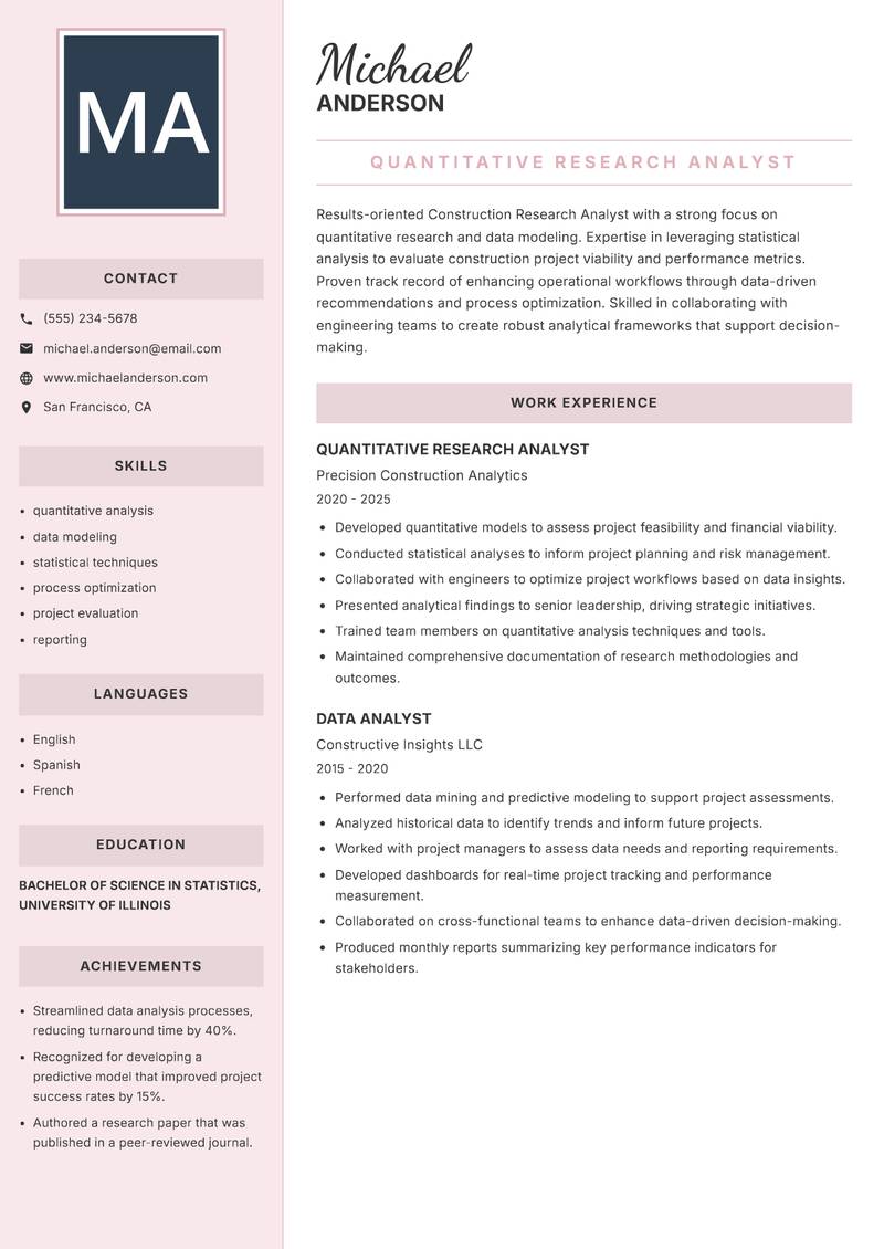 Construction Research Analyst resume sample — Quantitative Research Analyst focus