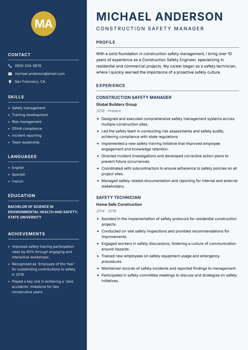 Construction Safety Engineer resume sample — Construction Safety Manager focus