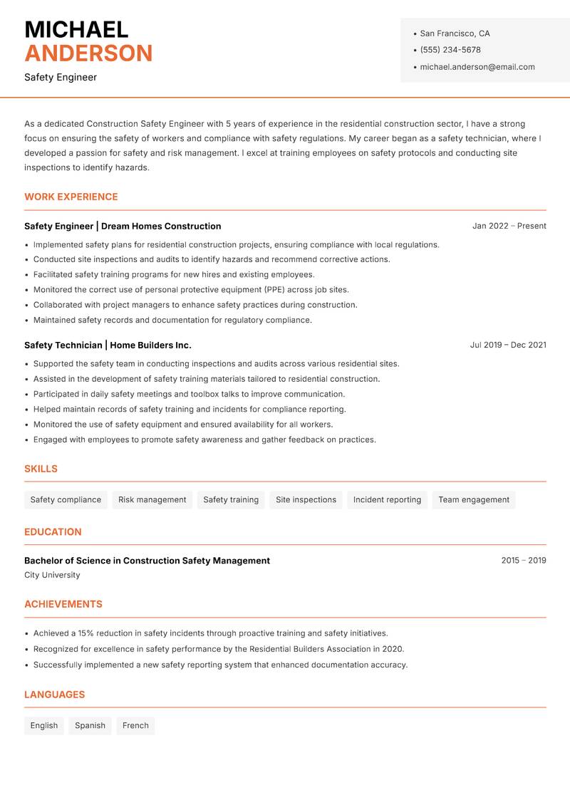 Construction Safety Engineer resume sample — Safety Engineer focus
