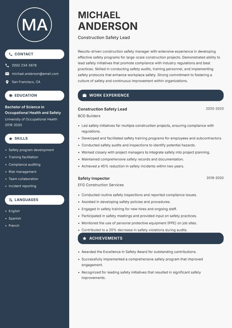 Construction Safety Manager resume sample — Construction Safety Lead focus