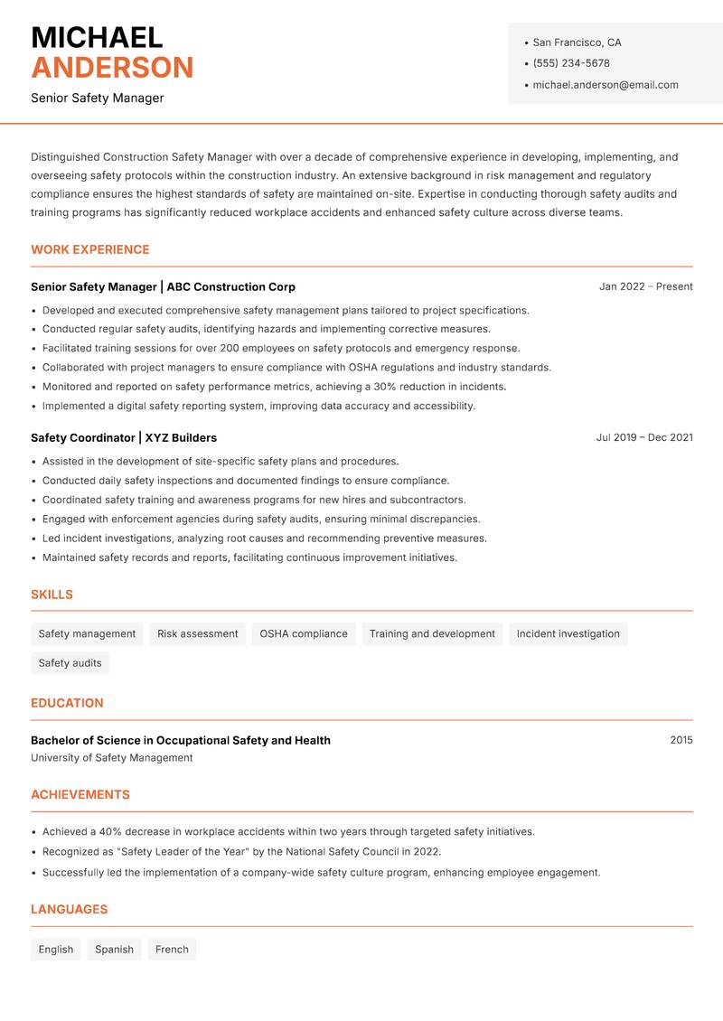 Construction Safety Manager resume sample — Senior Safety Manager focus