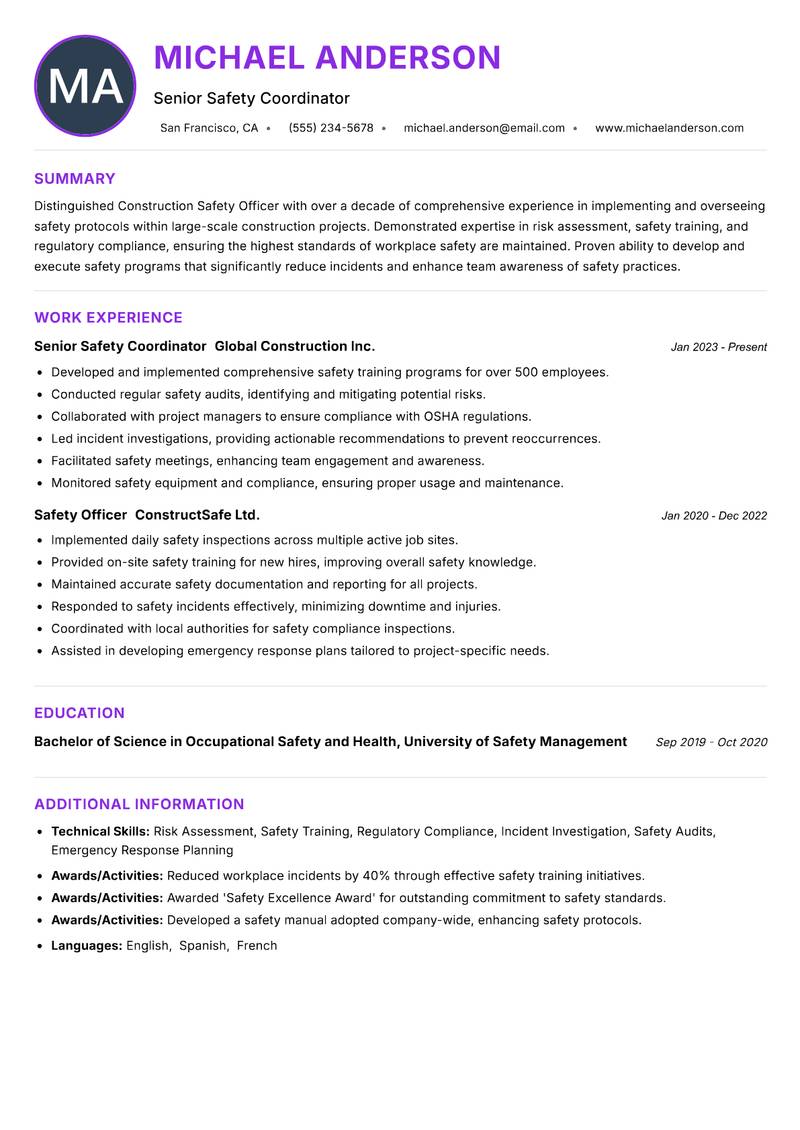 Construction Safety Officer resume example