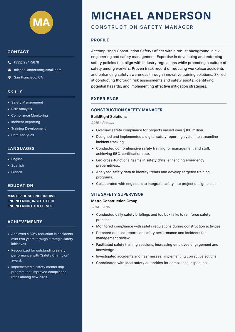 Construction Safety Officer resume sample — Construction Safety Manager focus