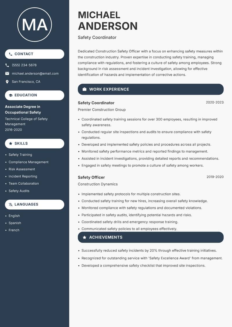 Construction Safety Officer resume sample — Safety Coordinator focus