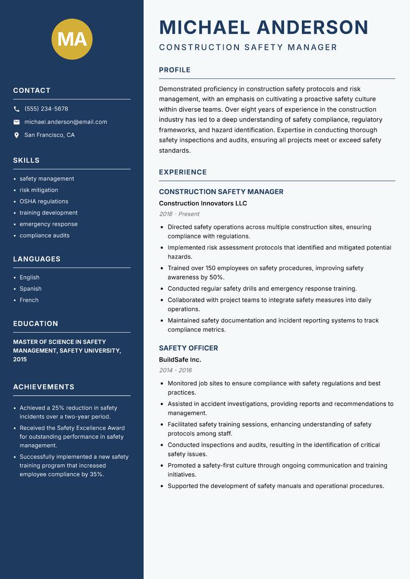 Construction Safety Technician resume sample — Construction Safety Manager focus