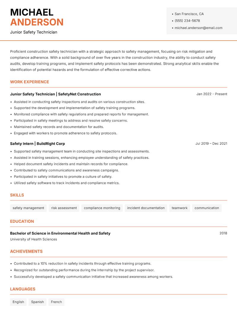 Construction Safety Technician resume sample — Junior Safety Technician focus