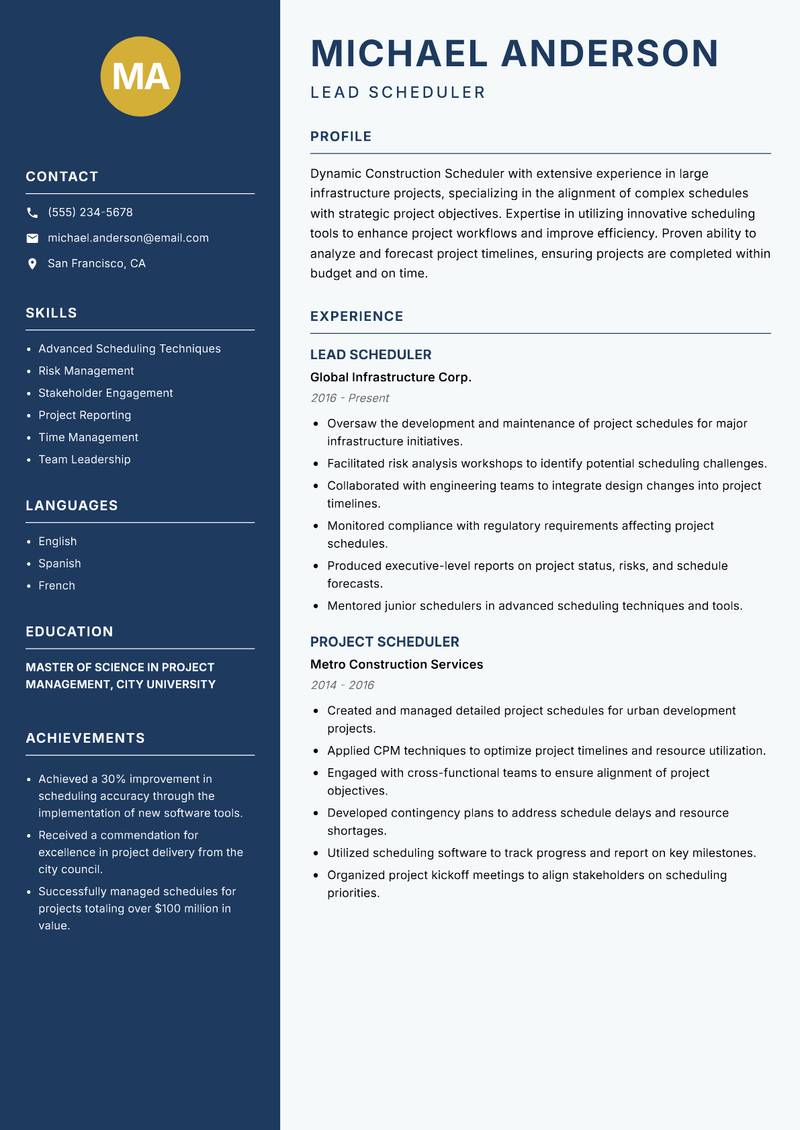 Construction Scheduler resume sample — Lead Scheduler focus