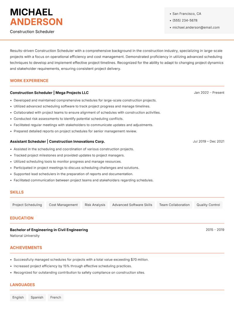 Construction Scheduler resume sample — Construction Scheduler focus