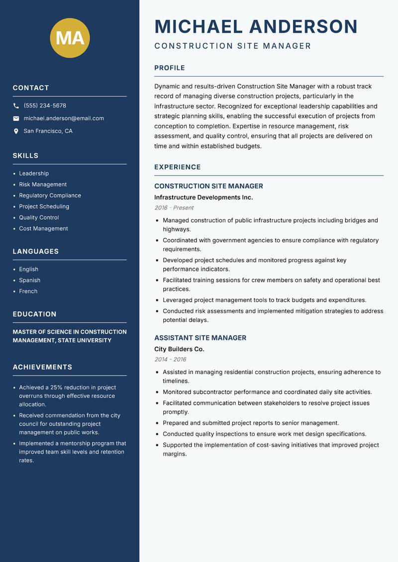Construction Site Manager resume sample — Construction Site Manager focus
