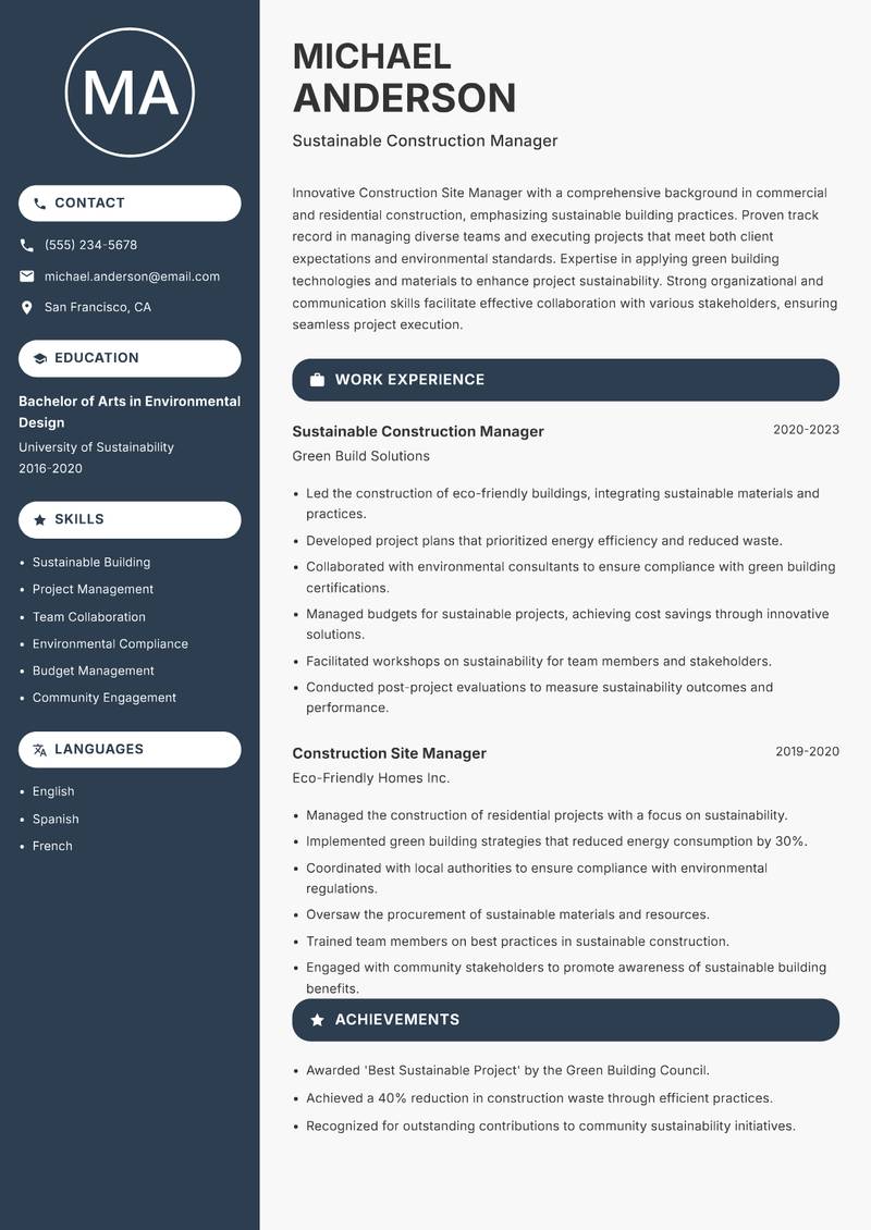 Construction Site Manager resume sample — Sustainable Construction Manager focus