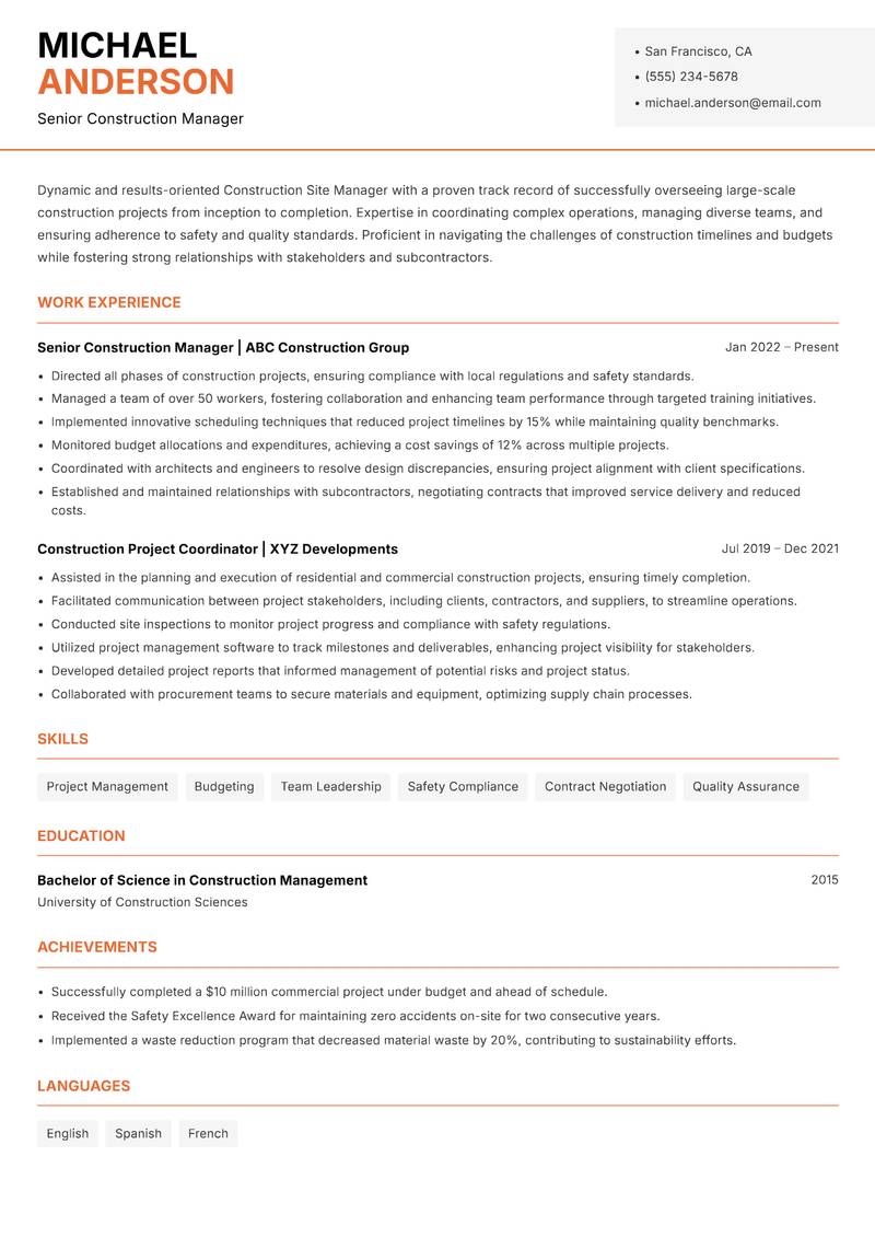 Construction Site Manager resume sample — Senior Construction Manager focus