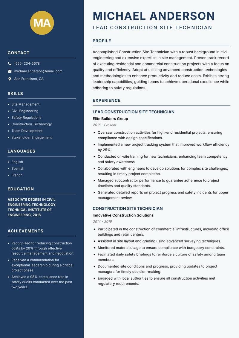 Construction Site Technician resume sample — Lead Construction Site Technician focus