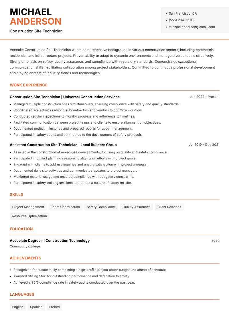 Construction Site Technician resume sample — Construction Site Technician focus