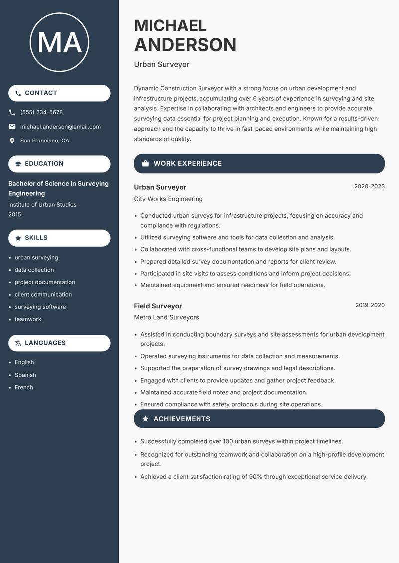 Construction Surveyor resume sample — Urban Surveyor focus