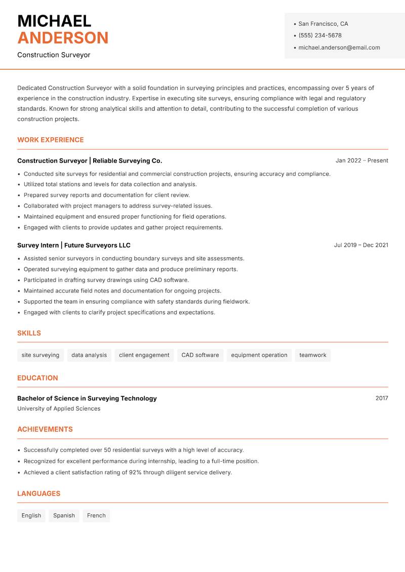 Construction Surveyor resume sample — Construction Surveyor focus