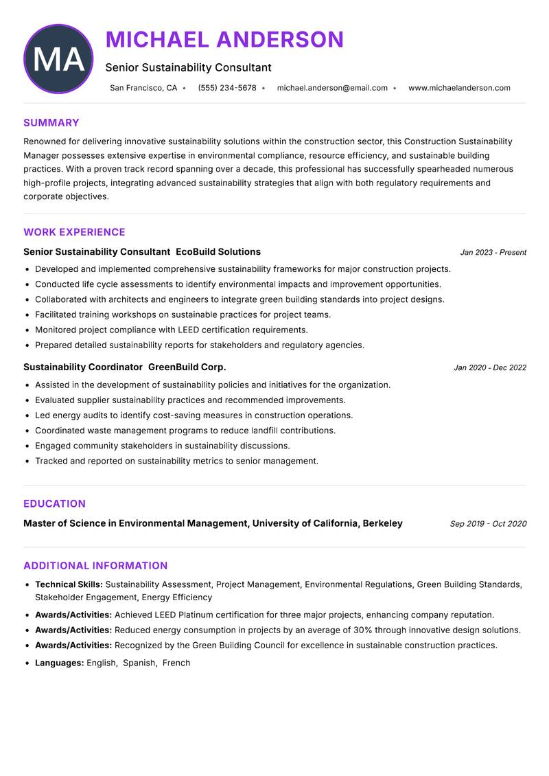 Construction Sustainability Manager resume example