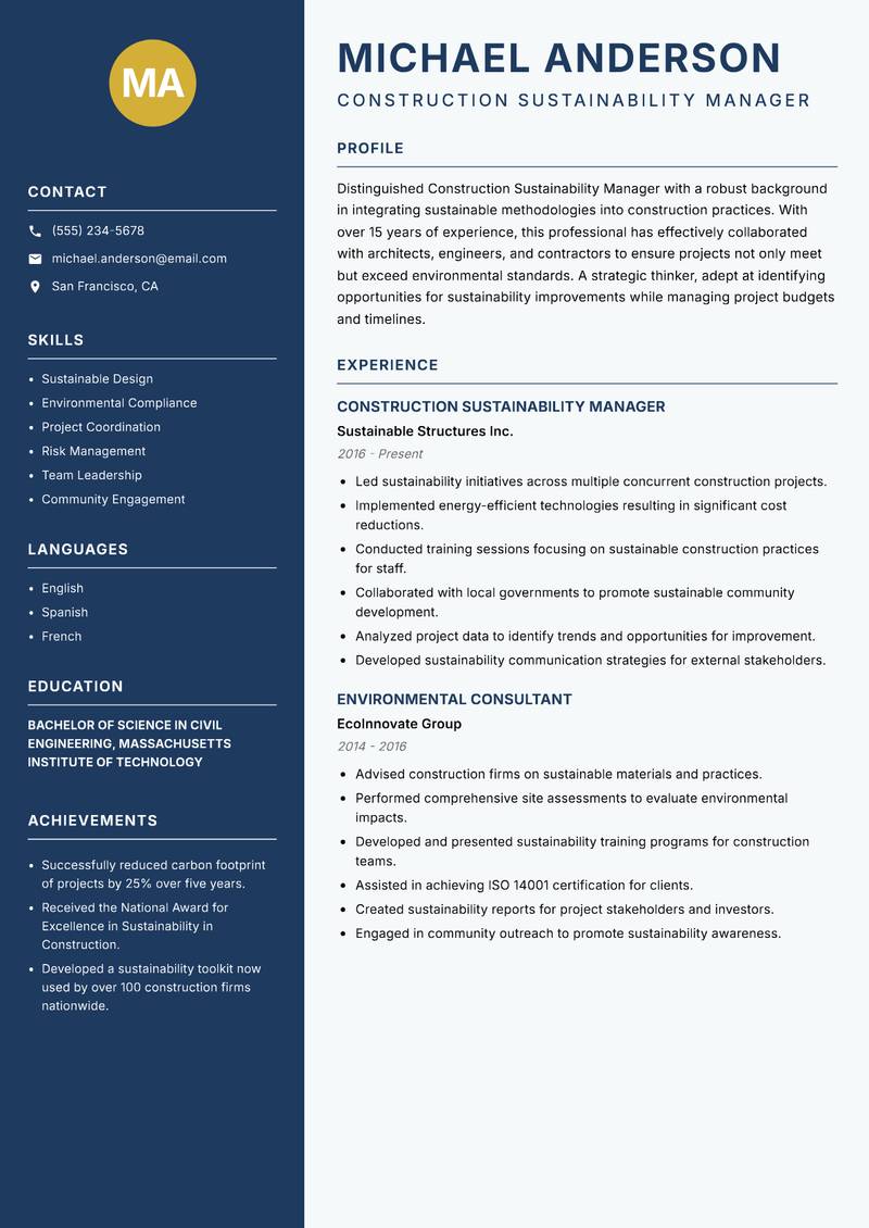 Construction Sustainability Manager resume sample — Construction Sustainability Manager focus
