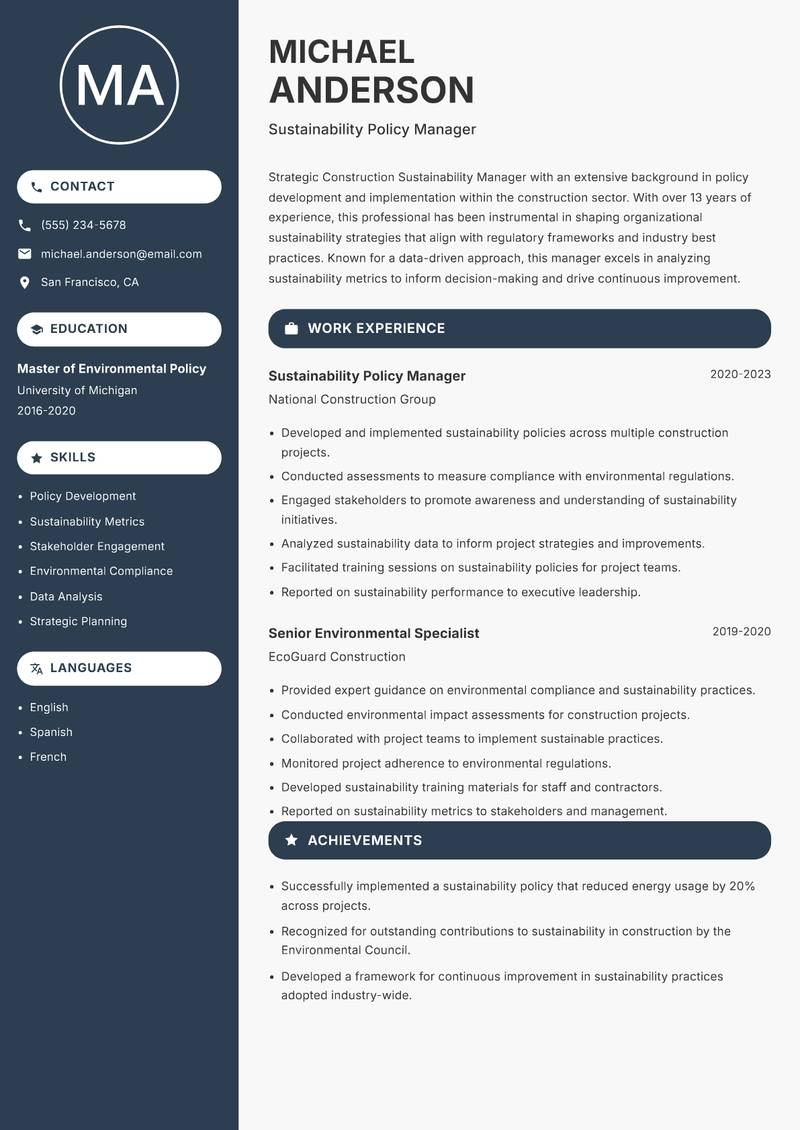 Construction Sustainability Manager resume sample — Sustainability Policy Manager focus