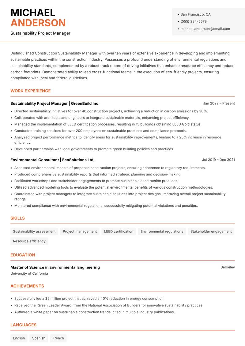 Construction Sustainability Manager resume sample — Sustainability Project Manager focus