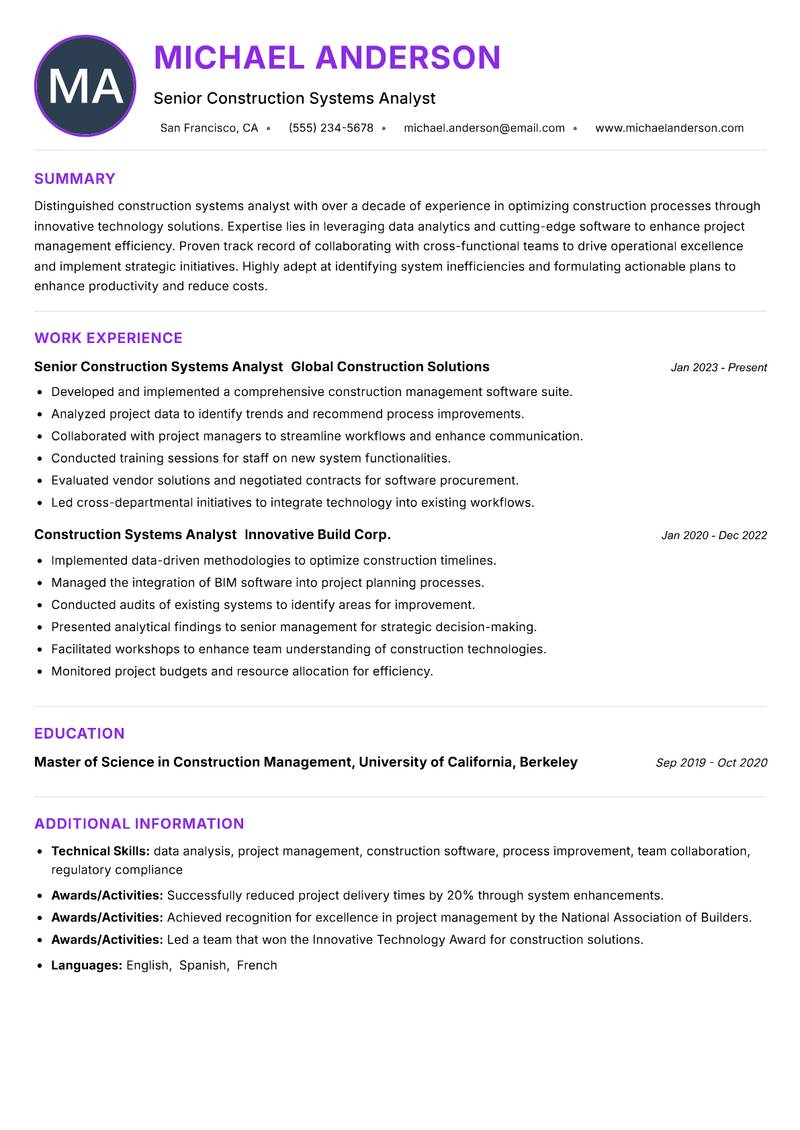Construction Systems Analyst resume example