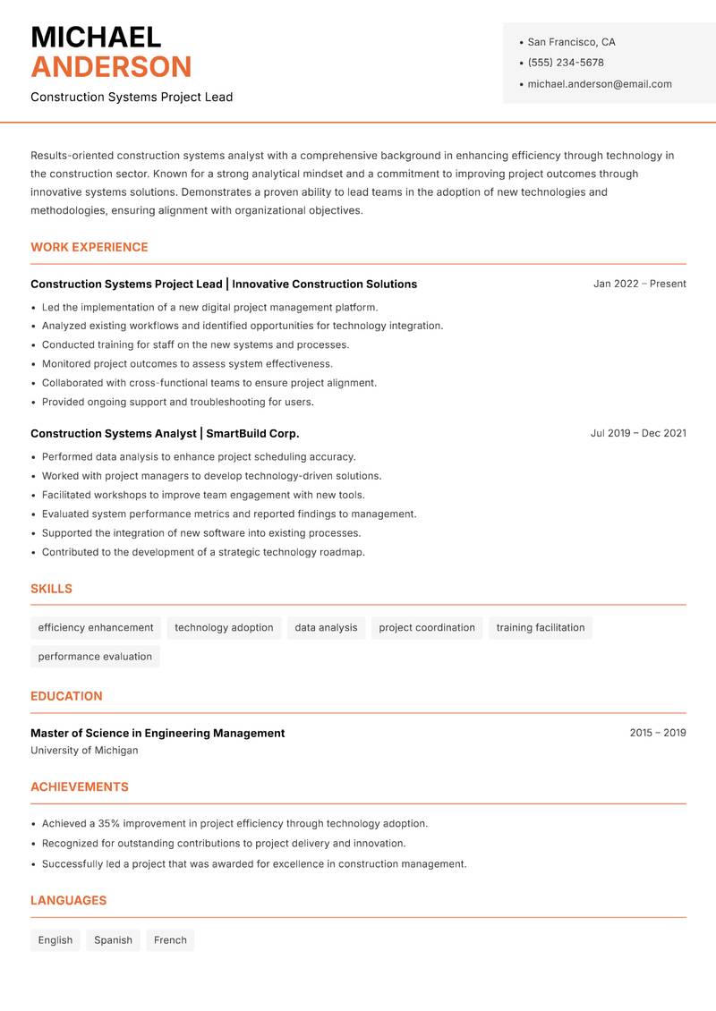 Construction Systems Analyst resume sample — Construction Systems Project Lead focus
