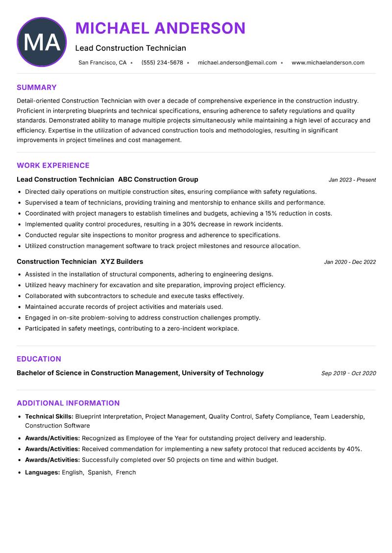 Construction Technician resume example