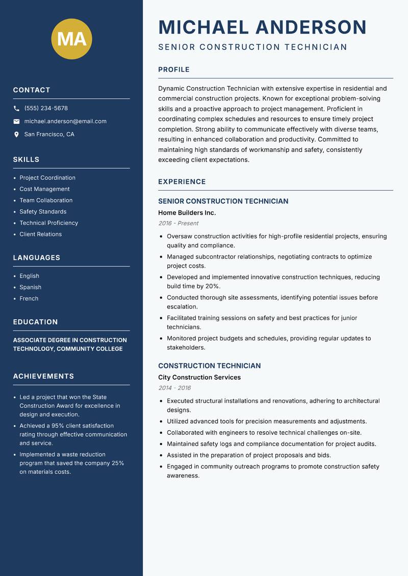 Construction Technician resume sample — Senior Construction Technician focus