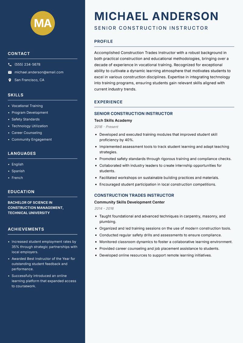 Construction Trades Instructor resume sample — Senior Construction Instructor focus
