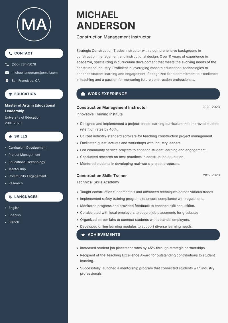 Construction Trades Instructor resume sample — Construction Management Instructor focus