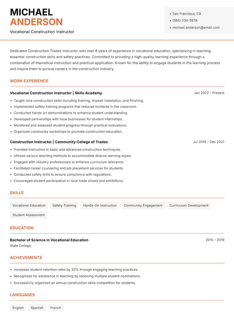 Construction Trades Instructor resume sample — Vocational Construction Instructor focus
