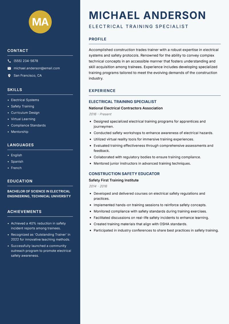 Construction Trades Trainer resume sample — Electrical Training Specialist focus