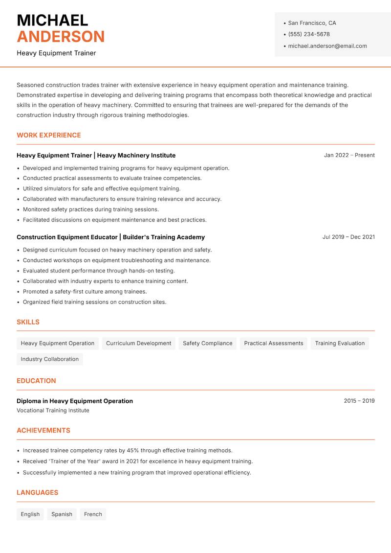 Construction Trades Trainer resume sample — Heavy Equipment Trainer focus