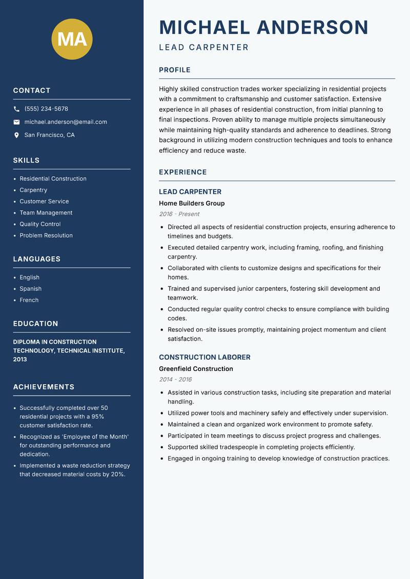 Construction Trades Worker resume sample — Lead Carpenter focus