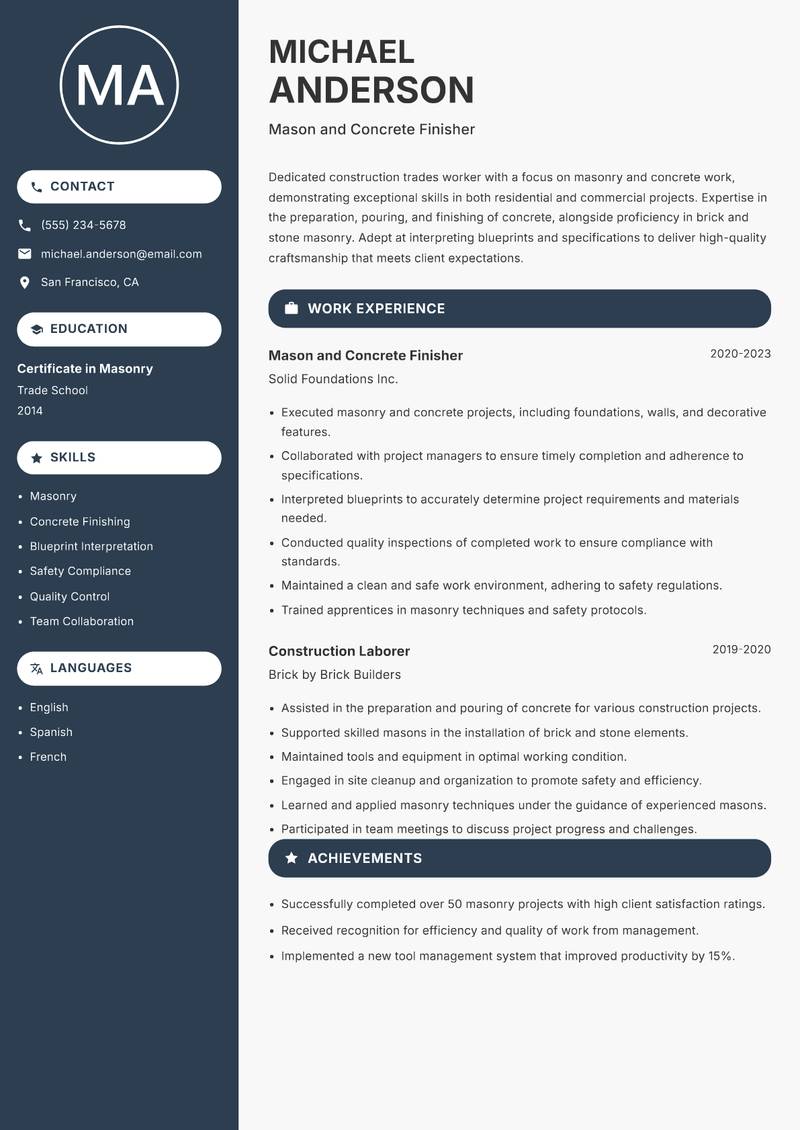 Construction Trades Worker resume sample — Mason and Concrete Finisher focus