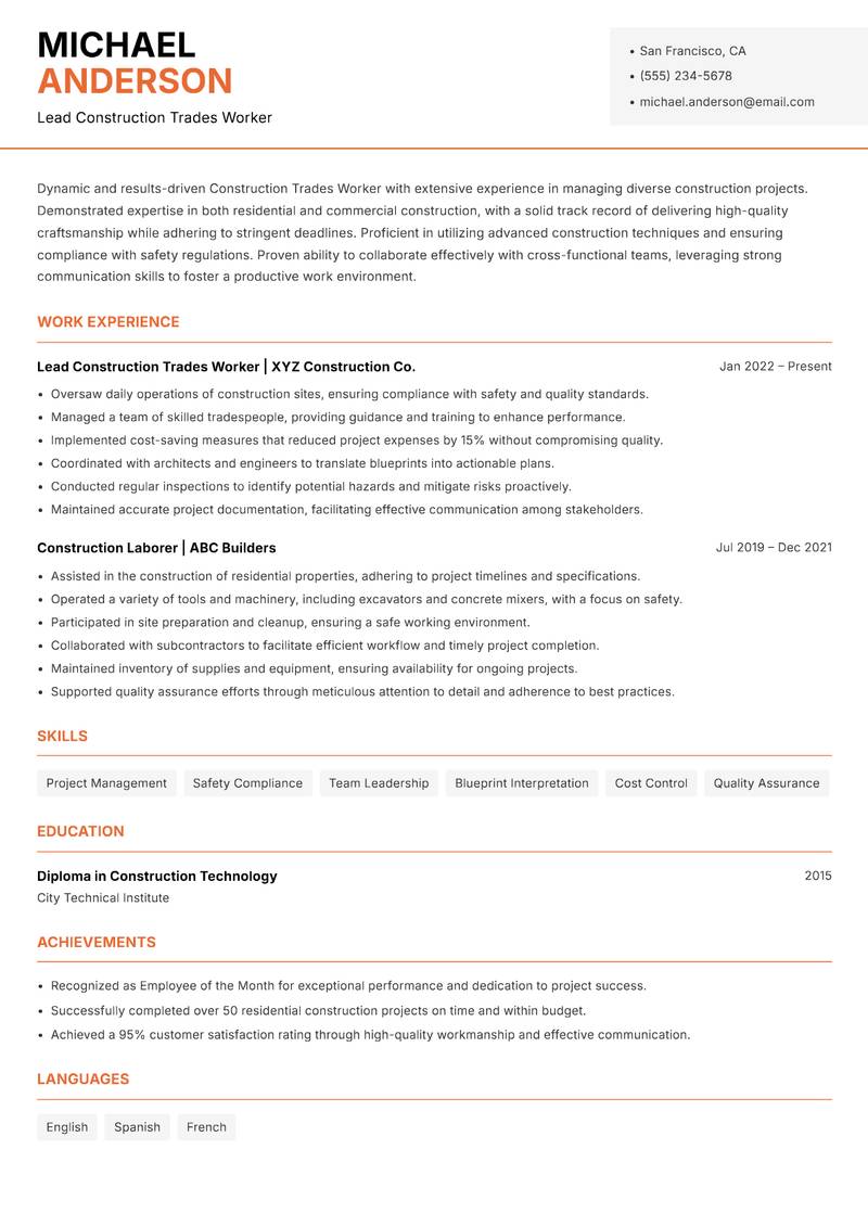Construction Trades Worker resume sample — Lead Construction Trades Worker focus