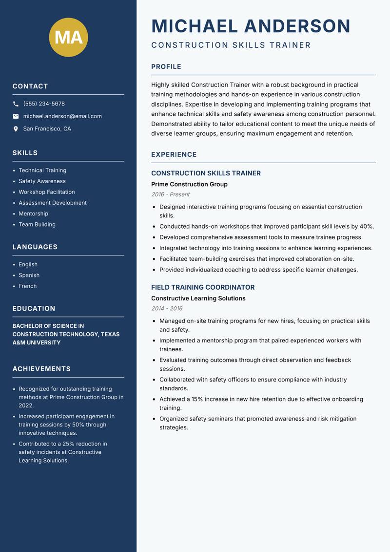 Construction Trainer resume sample — Construction Skills Trainer focus