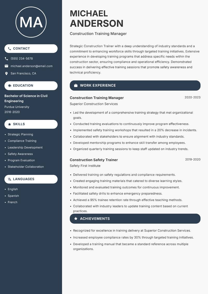 Construction Trainer resume sample — Construction Training Manager focus