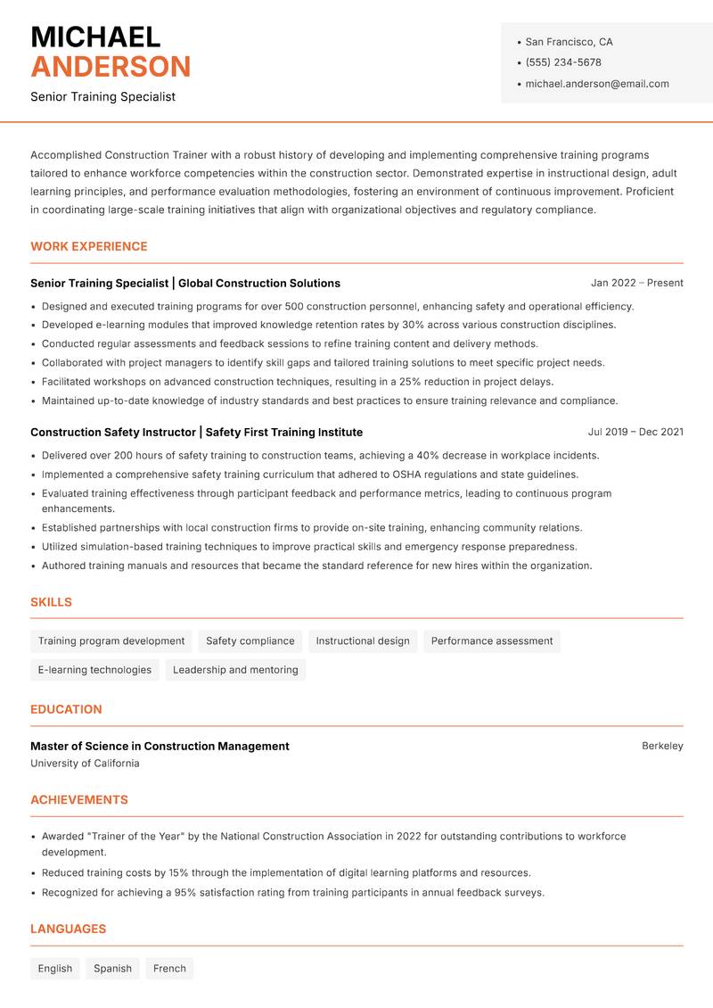 Construction Trainer resume sample — Senior Training Specialist focus