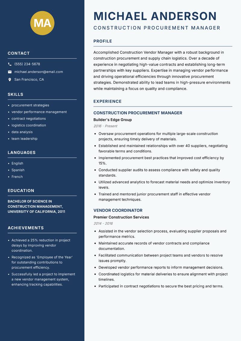 Construction Vendor Manager resume sample — Construction Procurement Manager focus