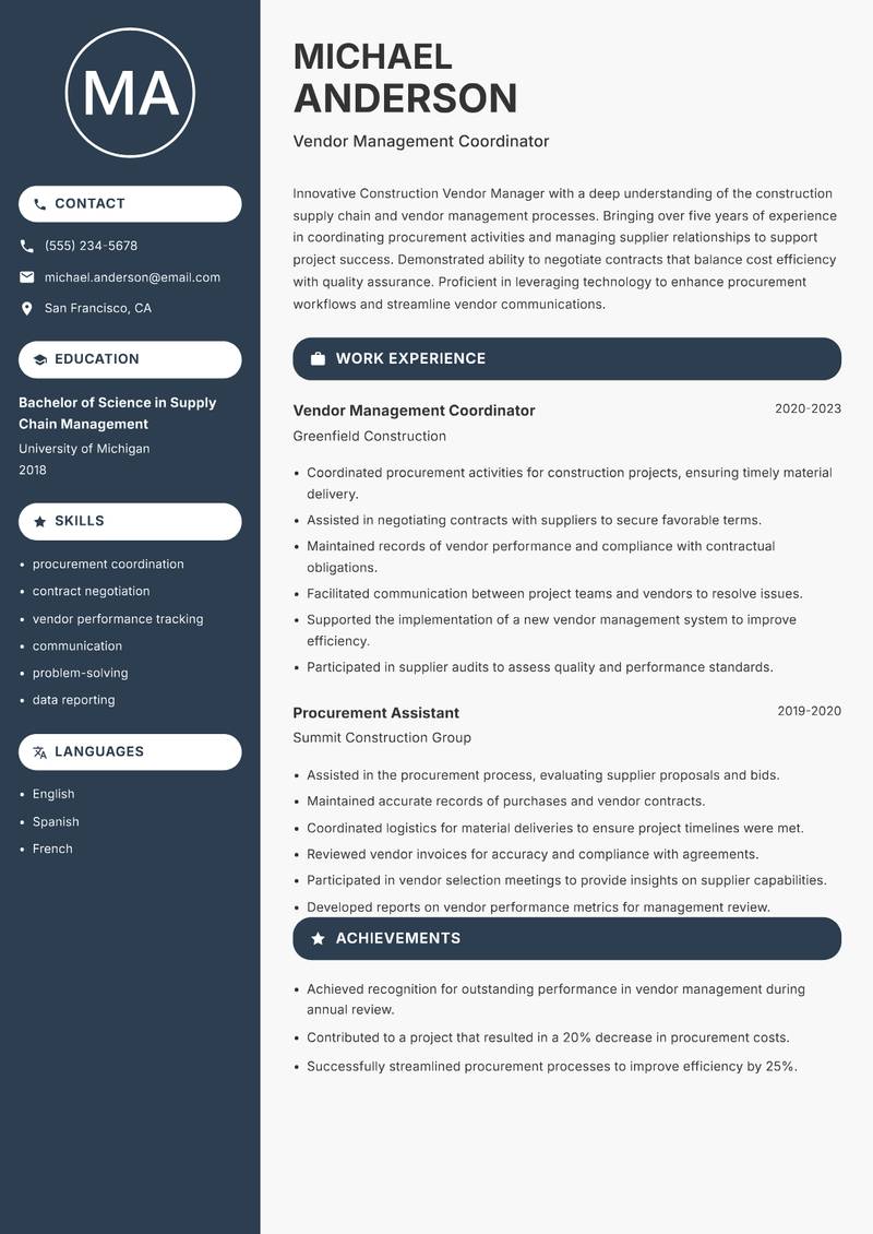 Construction Vendor Manager resume sample — Vendor Management Coordinator focus