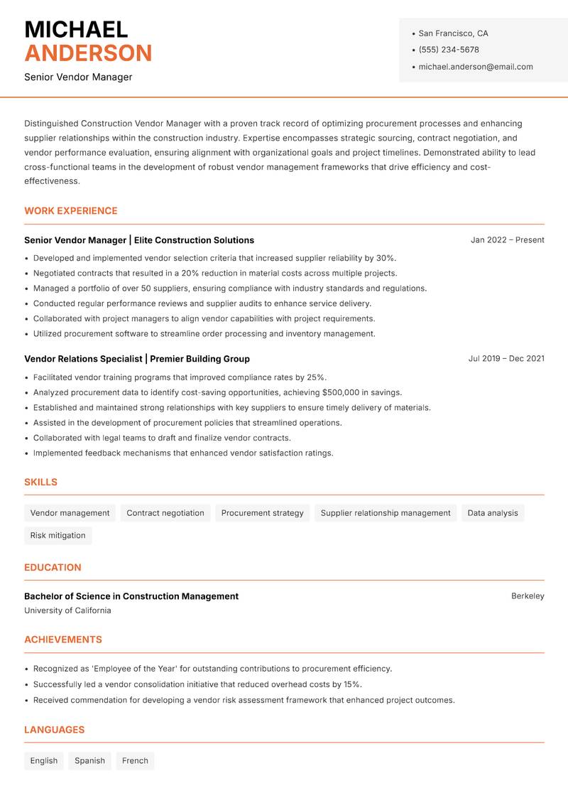Construction Vendor Manager resume sample — Senior Vendor Manager focus