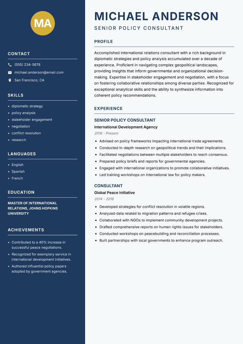 Consul resume sample — Senior Policy Consultant focus