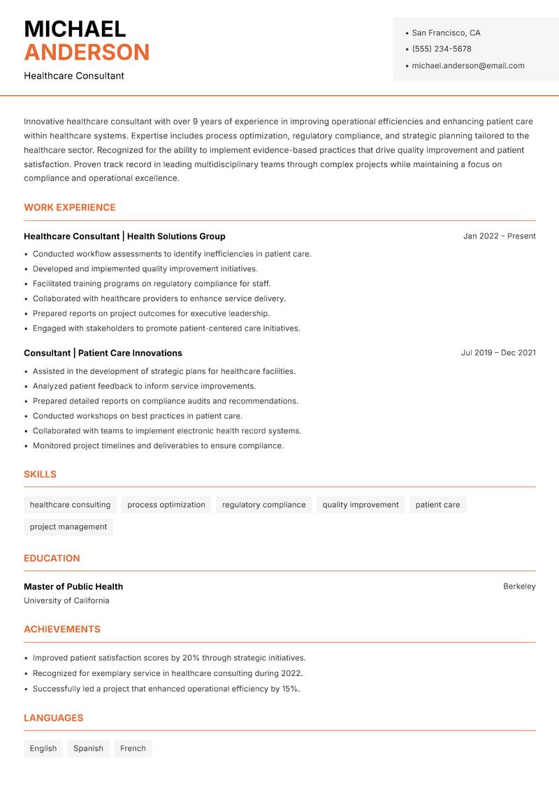 Consul resume sample — Healthcare Consultant focus