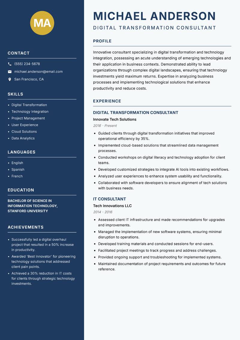 Consultant resume sample — Digital Transformation Consultant focus