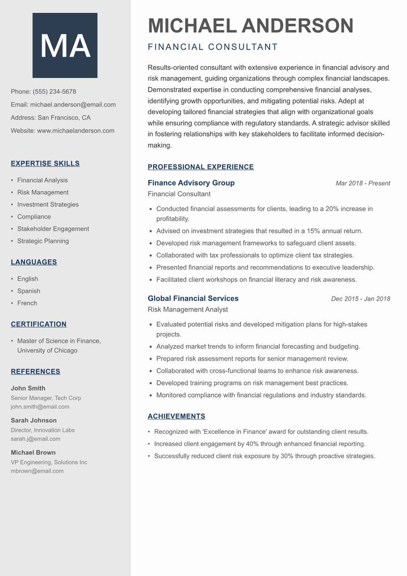 Consultant resume sample — Financial Consultant focus