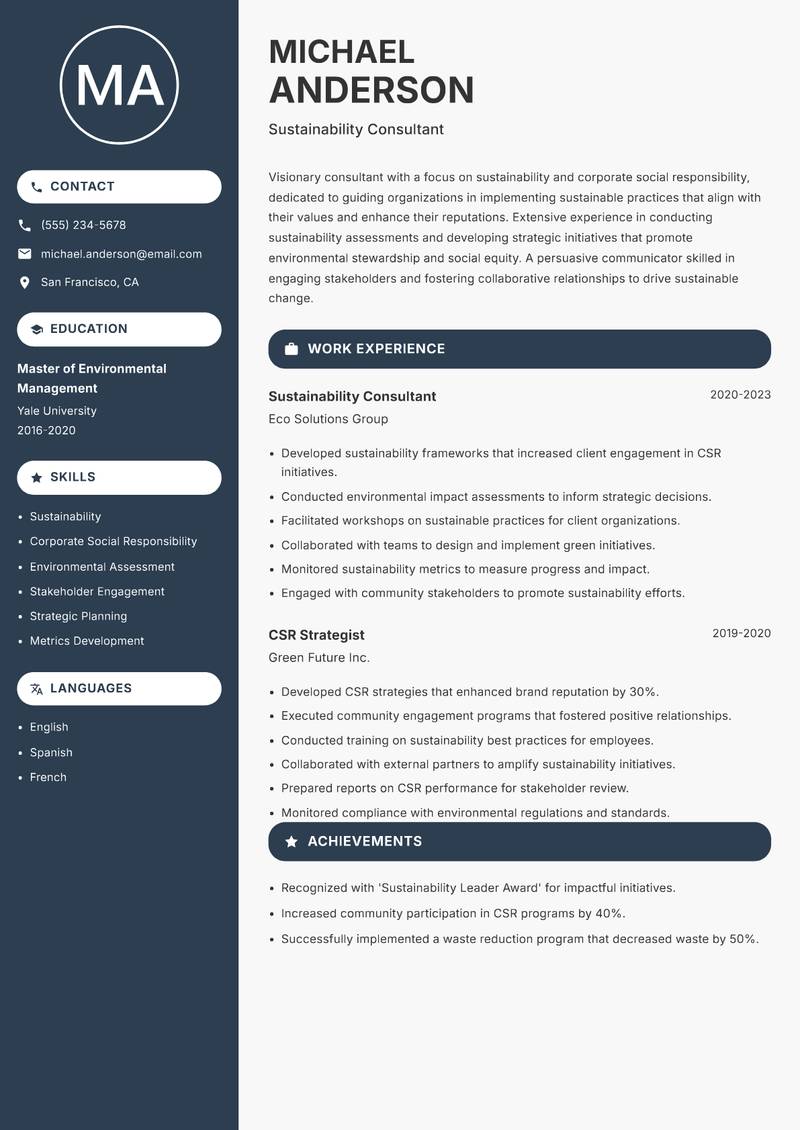 Consultant resume sample — Sustainability Consultant focus