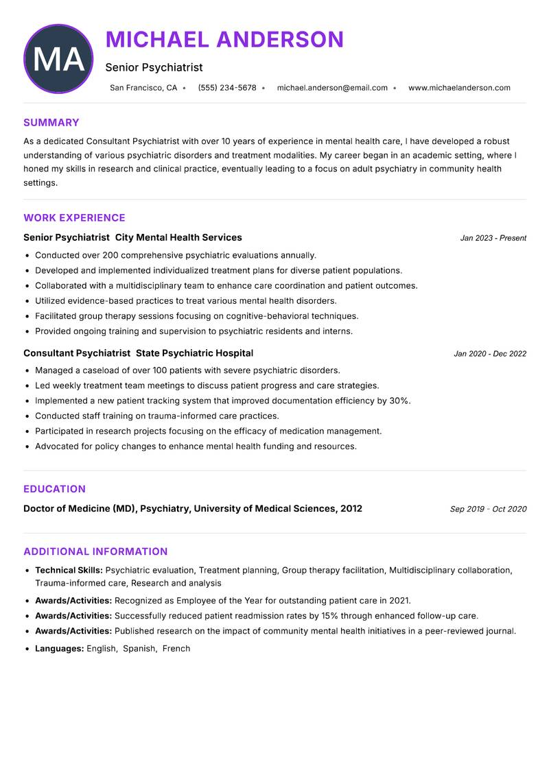 Consultant Psychiatrist resume example